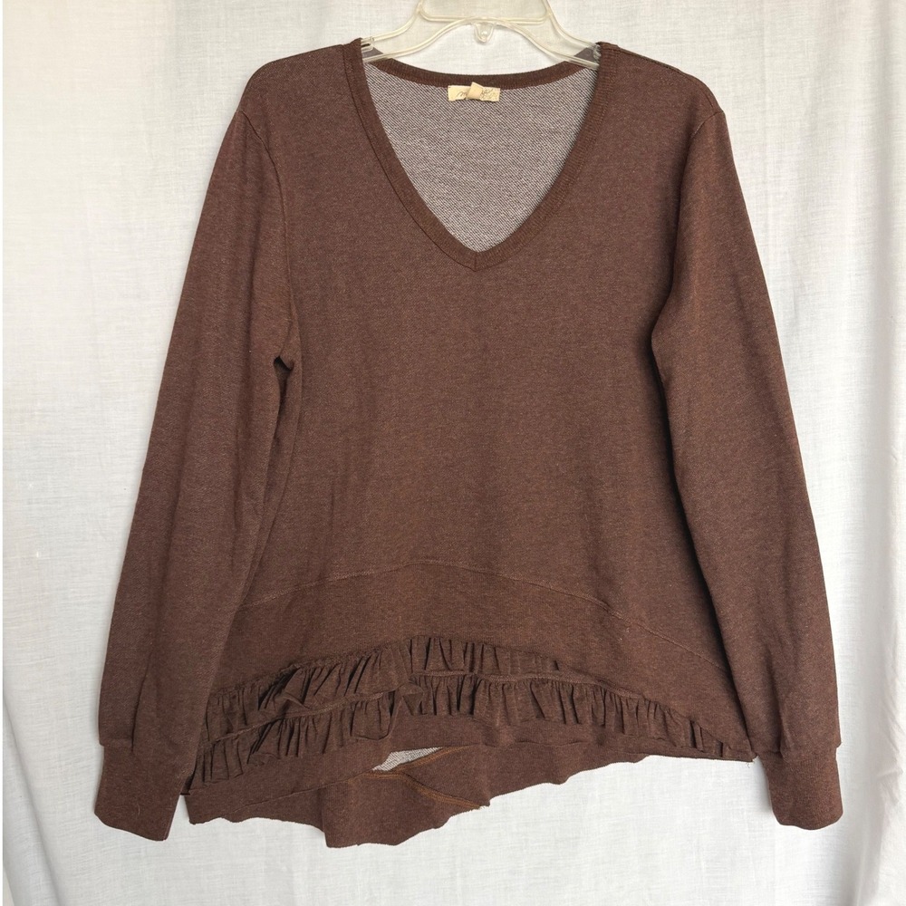 Mystree Sweatshirt Brown Ruffle Asymmetrical Hem Fall Cottagecore V-Neck Large